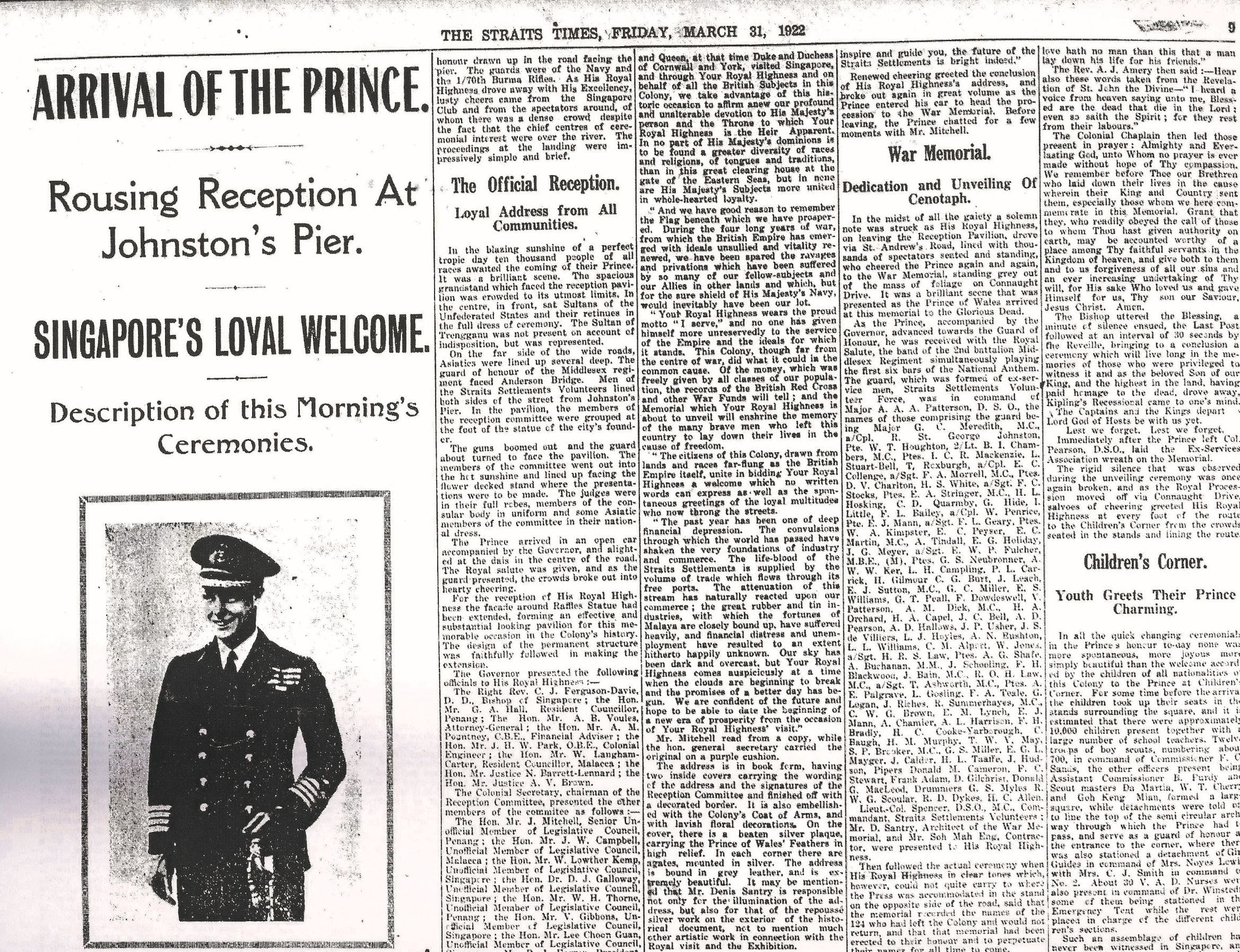 Newspaper page dated March 31, 1922, with article titles including "Arrival of The Prince" and "War Memorial."